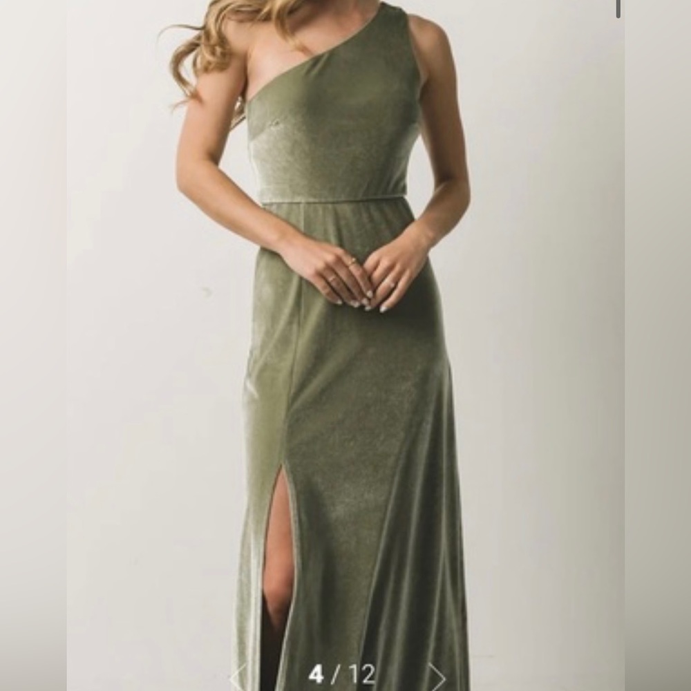 NWOT Baltic Born Tatiana Sage Green Velvet One Shoulder Dress - Medium